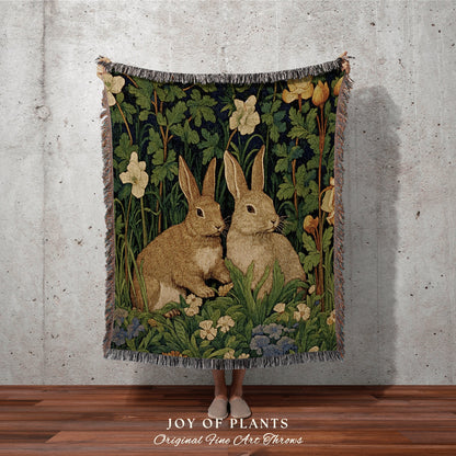 Woodland Rabbit Woven Throw | William Morris Inspired Throw Blanket Vintage Cottagecore Woodland Aesthetic Decor Woven Throw Rabbit Tapestry