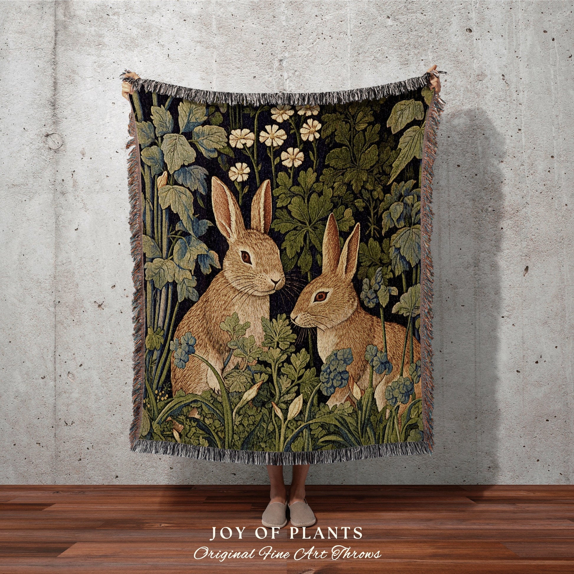 Woven Rabbit Woodland Throw | William Morris inspired Throw Blanket Vintage Cottagecore Woodland Aesthetic Decor Woven Throw Rabbit Tapestry