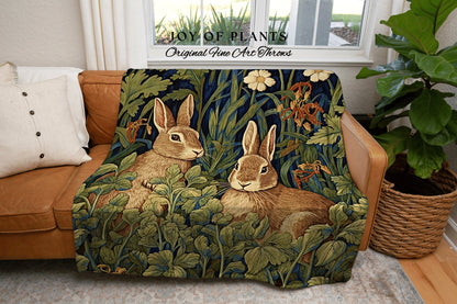 Floral Rabbit Throw Blanket | William Morris inspired Throw Blanket Vintage Cottagecore Woodland Aesthetic Decor Woven Throw Rabbit Tapestry