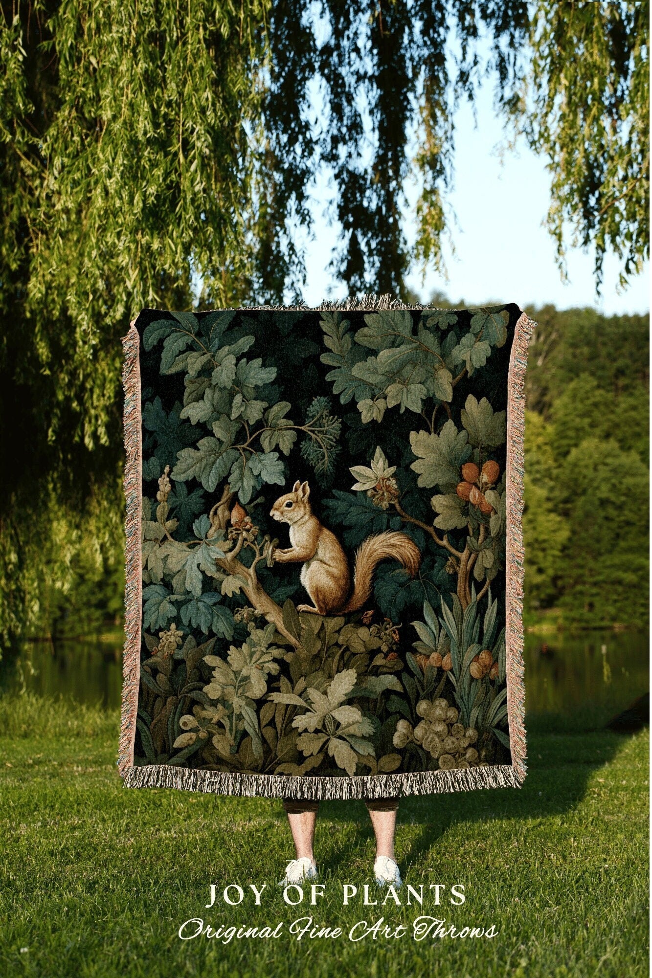 Woodland Botanical Woven Throw | William Morris inspired Throw Blanket Vintage Cottagecore Woodland Aesthetic Decor Woven Squirrel Tapestry