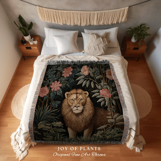 Jungle Blanket Botanical Throw | William Morris inspired Nature Blanket Vintage Fairycore Woodland Aesthetic Decor Woven Throw Lion Blanket