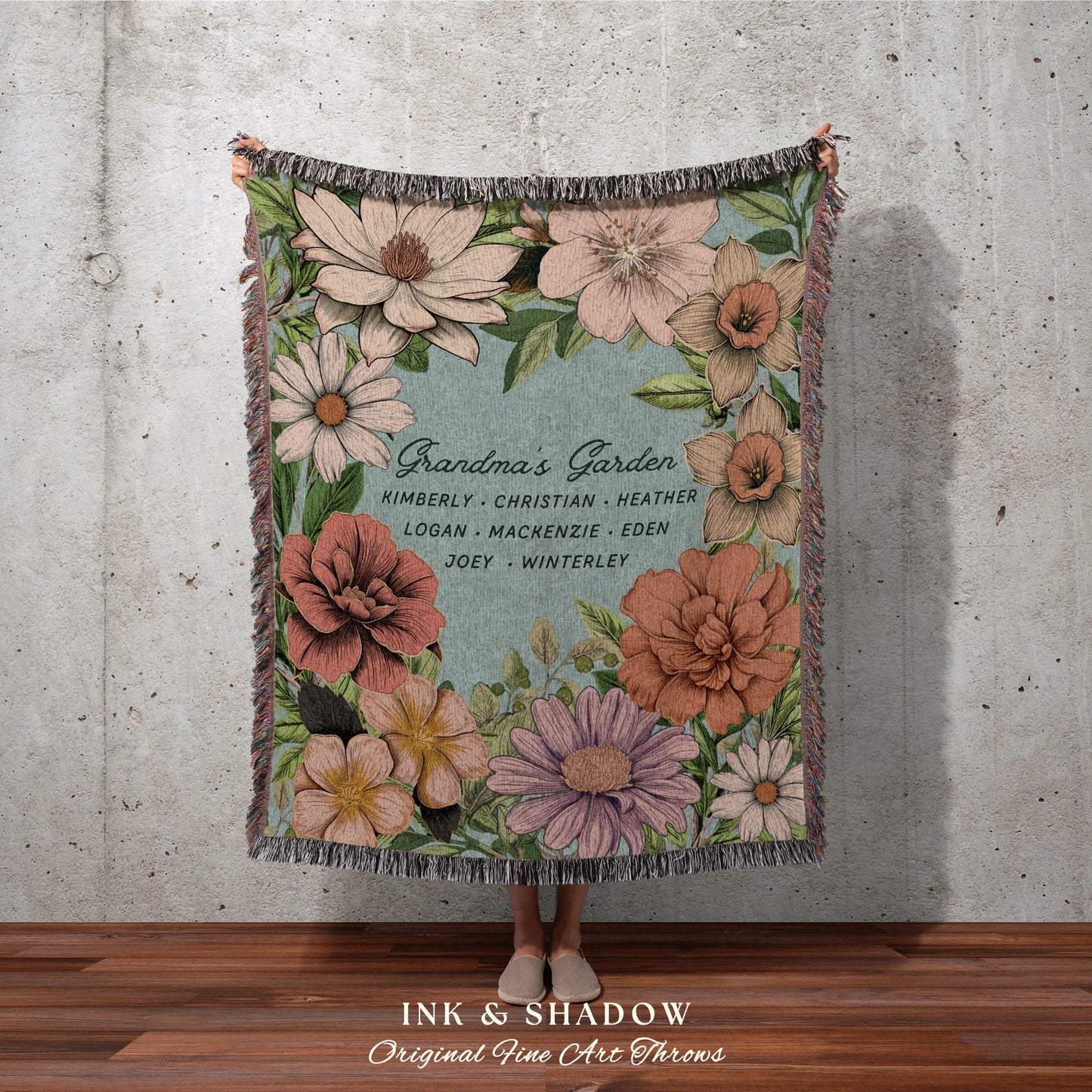 Grandma's Garden Birth Flower Blanket | Gift from Grandkids Custom Family Name Blanket Personalized Birth Month Flower Throw Blanket Gift