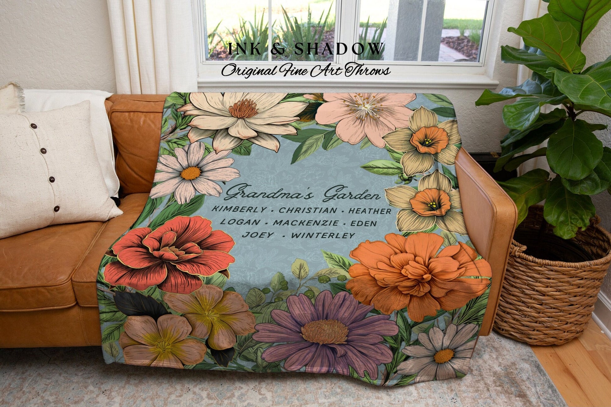 Grandma's Garden Birth Flower Blanket | Gift from Grandkids Custom Family Name Blanket Personalized Birth Month Flower Throw Blanket Gift