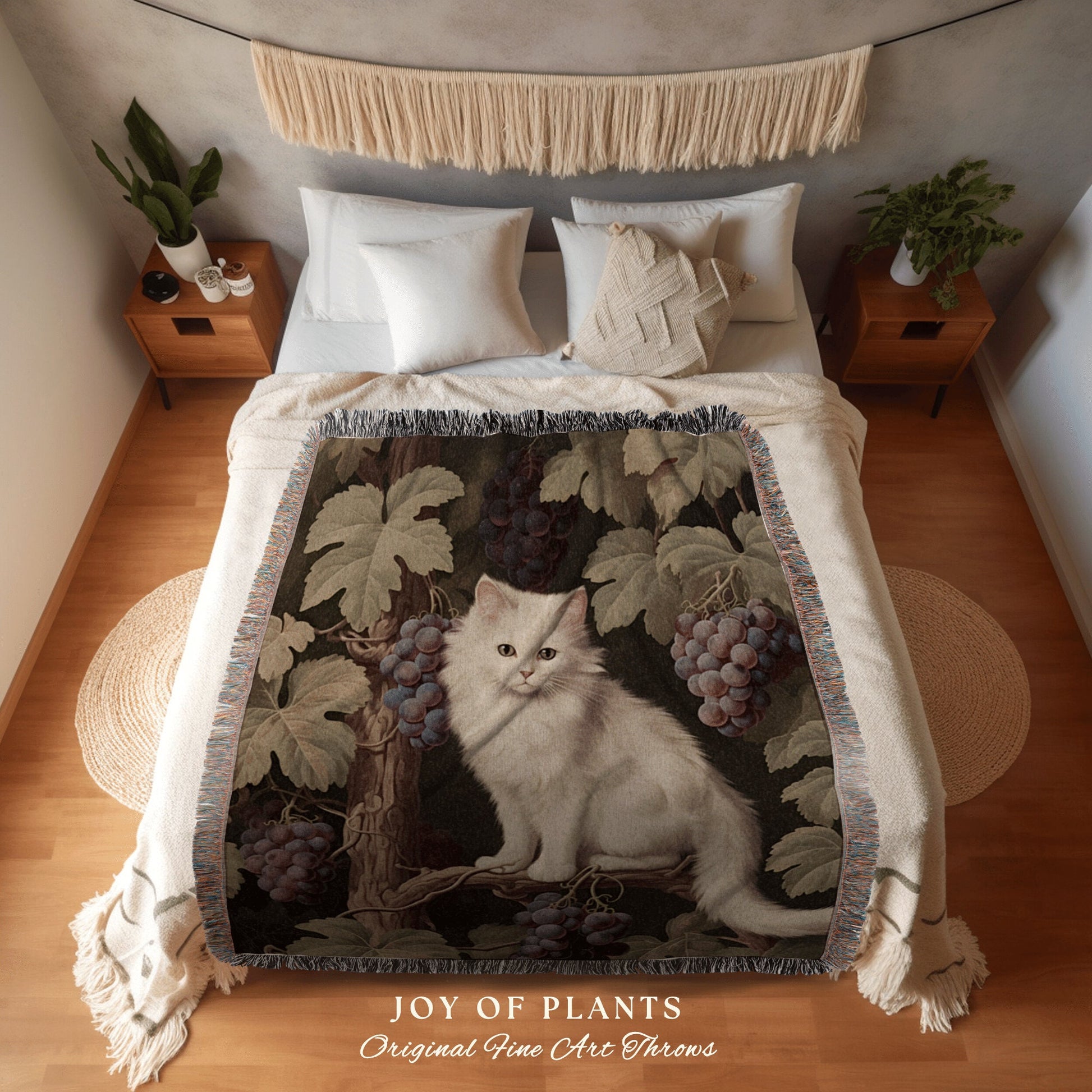 White Cat Blanket Vintage | Woven Fringe Blanket Cat lover Gift Funny Tapestry William Morris Tapestry Morris Decor Cat Blanket Cute Kitten