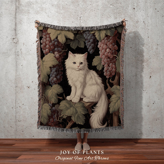 Botanical Cat Blanket Woven | Woven Fringe Blanket Cat lover Gift Funny Tapestry William Morris Tapestry Morris Decor Nature Blanket Vintage