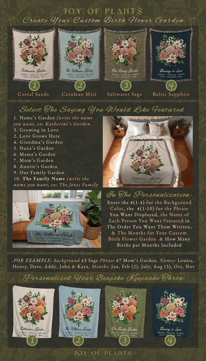 Grandmas Garden Custom Birth Flower Blanket Personalized Family Names Gift Mimi's Garden Birth Month Flower Custom Bouquet Blanket Woven