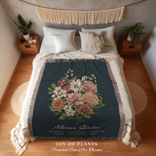 Grandma Garden Blanket Personalized | Family Names Gift Mimi's Garden Birth Month Flower Custom Bouquet Custom Mom Blanket Woven Tapestry |