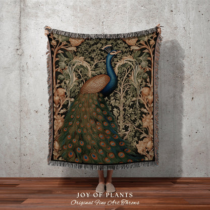 Woven Peacock Throw Blanket | William Morris inspired Throw Blanket Vintage Cottagecore Woodland Gothic Decor Woven Throw Peacock Tapestry |