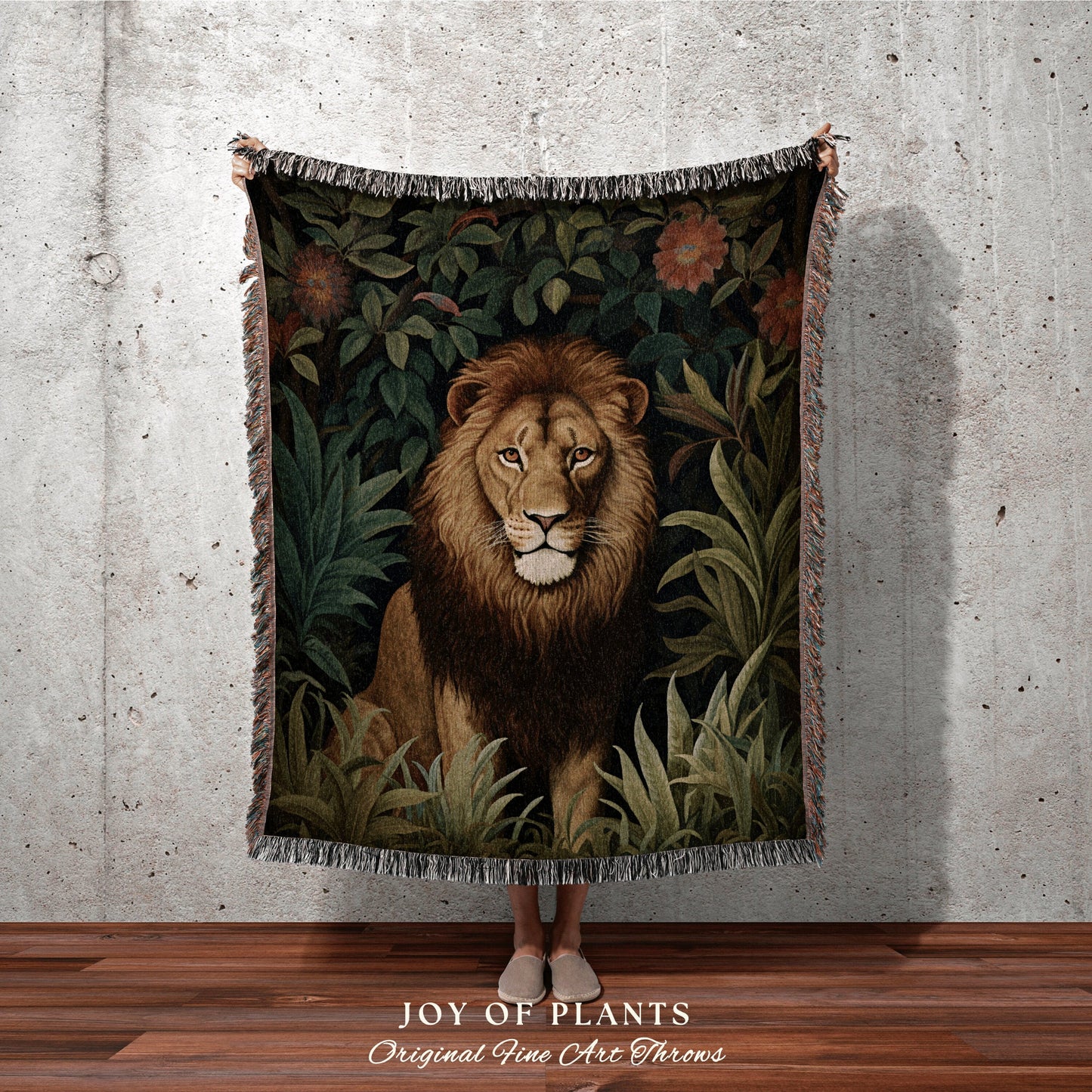 Woven Throw Blanket Botanical Lion | William Morris inspired Nature Blanket Vintage Woodland Cottagecore Decor Woven Blanket Lion Decor Gift