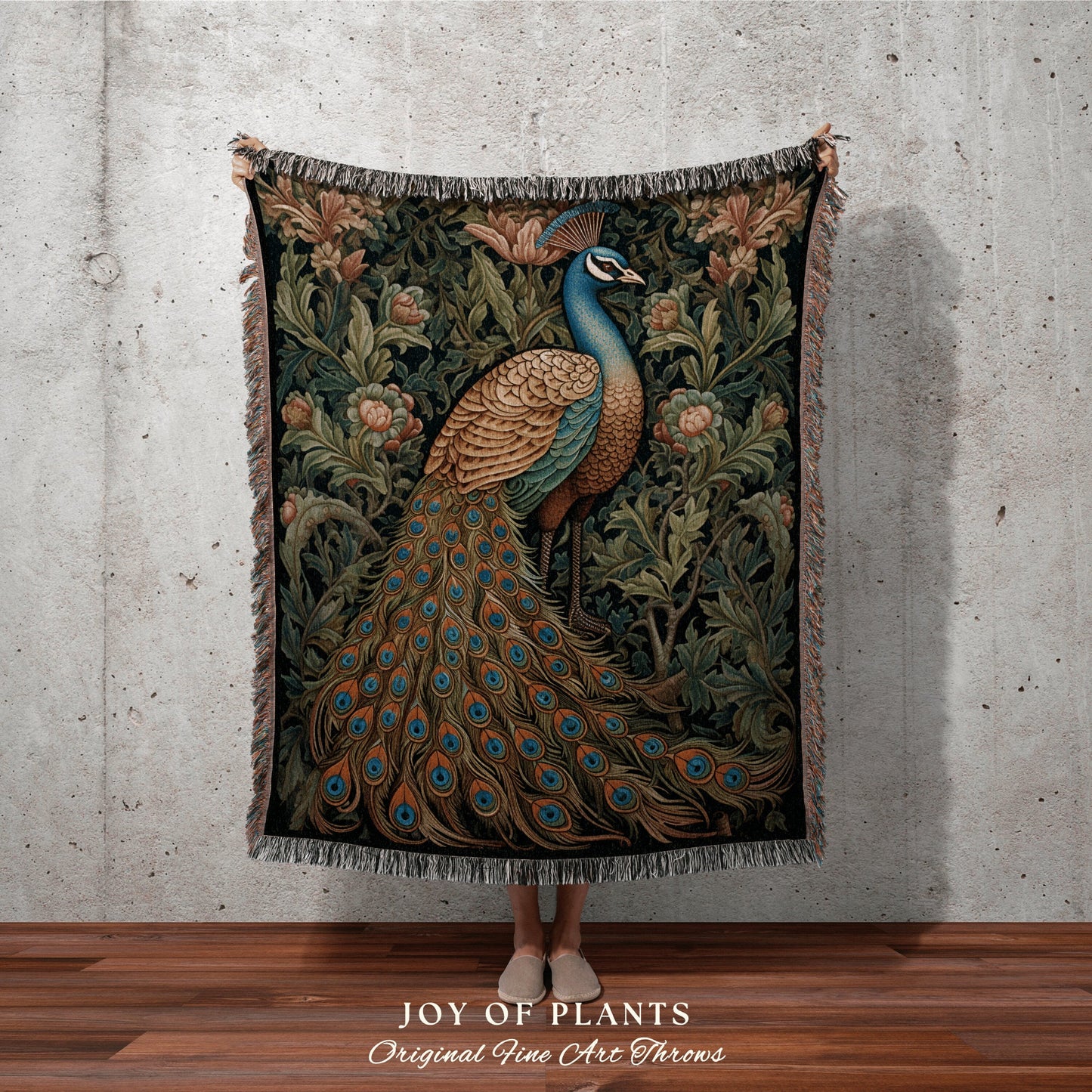 Peacock Blanket Woven Fringe | William Morris inspired Throw Blanket Vintage Cottagecore Woodland Gothic Decor Woven Throw Peacock Tapestry