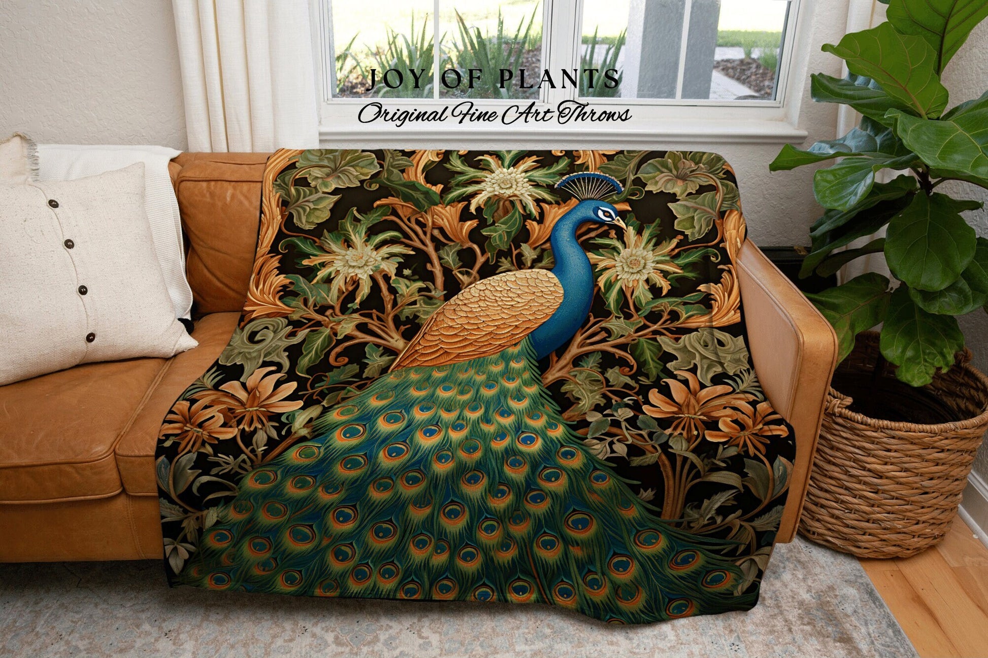 Peacock Throw Blanket Vintage | William Morris inspired Nature Blanket Vintage Woodland Cottagecore Decor Woven Blanket Peacock Decor Gifts