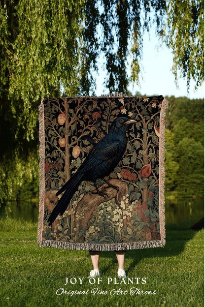 Whimsigoth Crow Blanket Woven | Crow Art Blanket Woven Wall Hanging Woodland Aesthetic Gothic Decor Crow Blanket William Morris Inspired Art