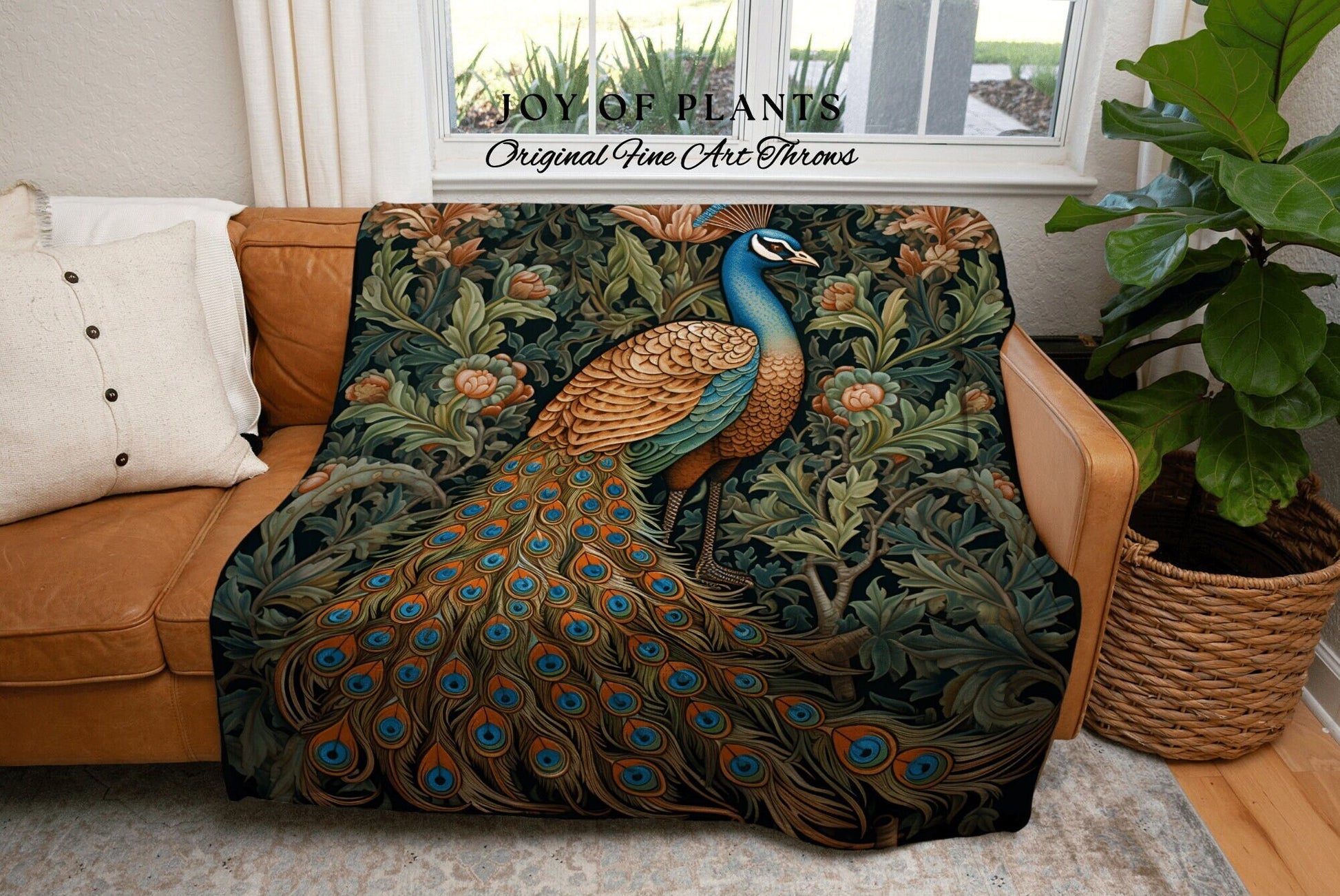 Peacock Blanket Woven Fringe | William Morris inspired Throw Blanket Vintage Cottagecore Woodland Gothic Decor Woven Throw Peacock Tapestry