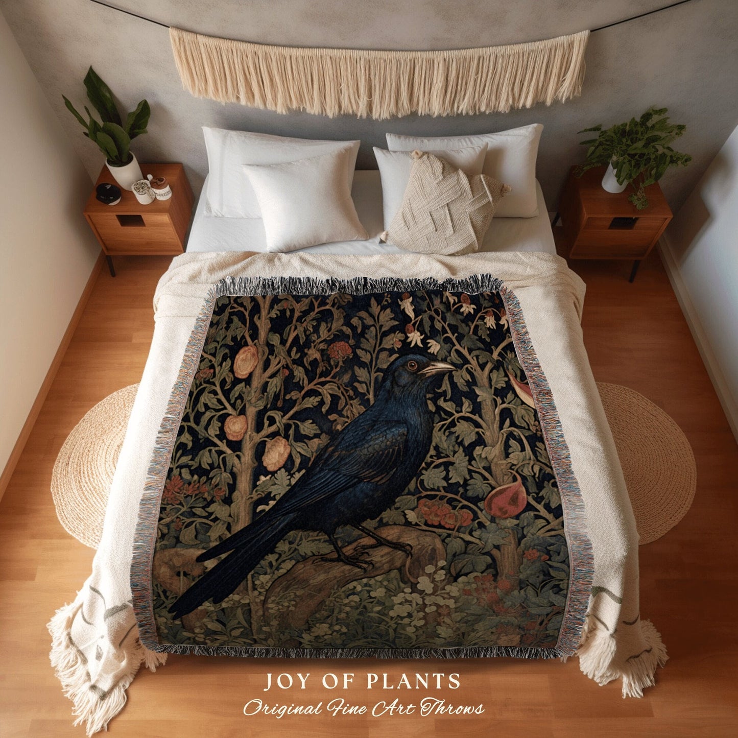 Whimsigoth Crow Blanket Woven | Crow Art Blanket Woven Wall Hanging Woodland Aesthetic Gothic Decor Crow Blanket William Morris Inspired Art