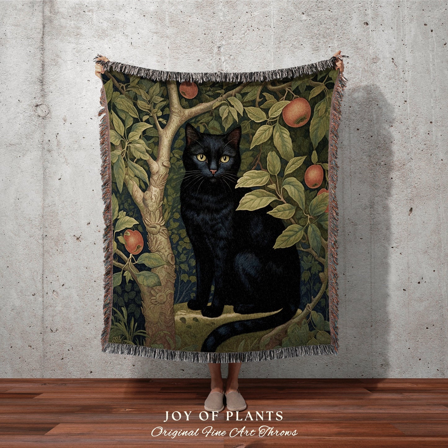 Botanical Black Cat Blanket | Woven Fringe Blanket Cat lover Gift Vintage Tapestry William Morris Throw Morris Decor Black Cat Blanket Cute