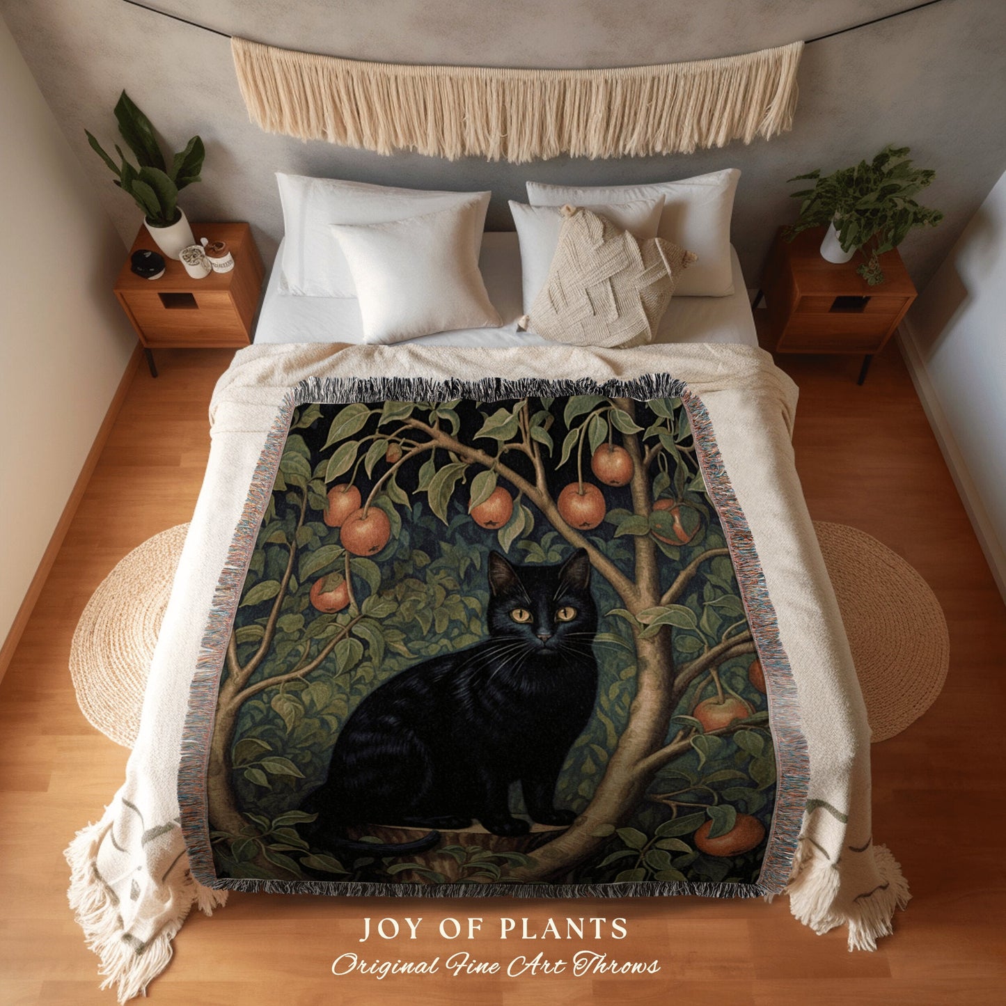 Black Cat Blanket Vintage Throw | Woven Fringe Blanket Cat lover Gift Whimsigoth Tapestry William Morris Throw Morris Decor Black Cat Art |