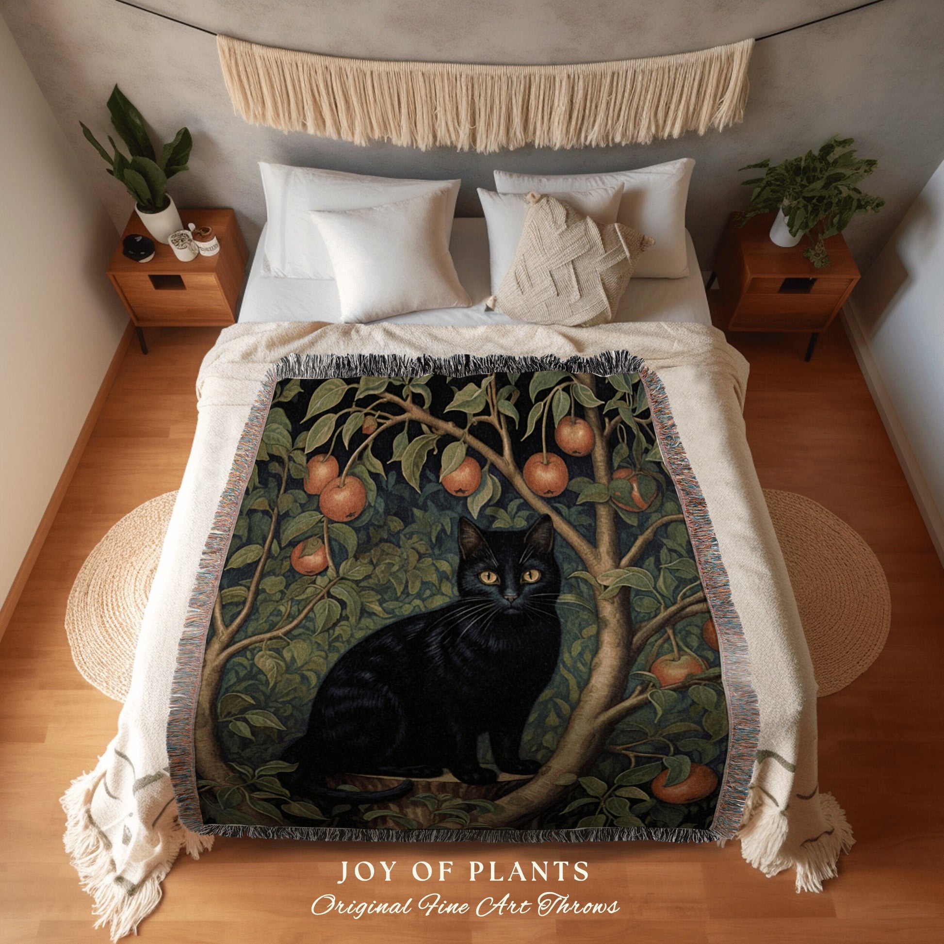 Black Cat Blanket Vintage Throw | Woven Fringe Blanket Cat lover Gift Whimsigoth Tapestry William Morris Throw Morris Decor Black Cat Art |