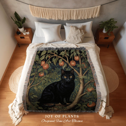 Black Cat Blanket Vintage Throw | Woven Fringe Blanket Cat lover Gift Whimsigoth Tapestry William Morris Throw Morris Decor Black Cat Art |