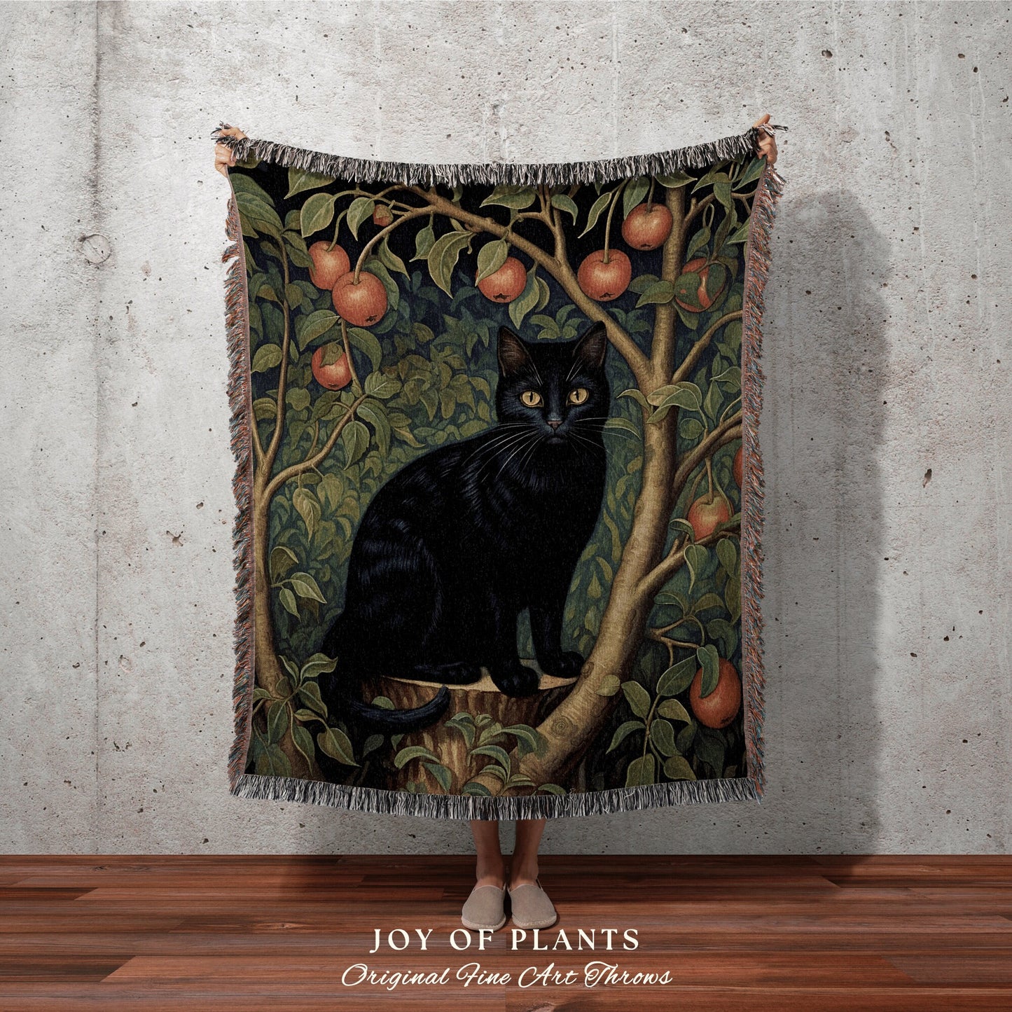 Black Cat Blanket Vintage Throw | Woven Fringe Blanket Cat lover Gift Whimsigoth Tapestry William Morris Throw Morris Decor Black Cat Art |