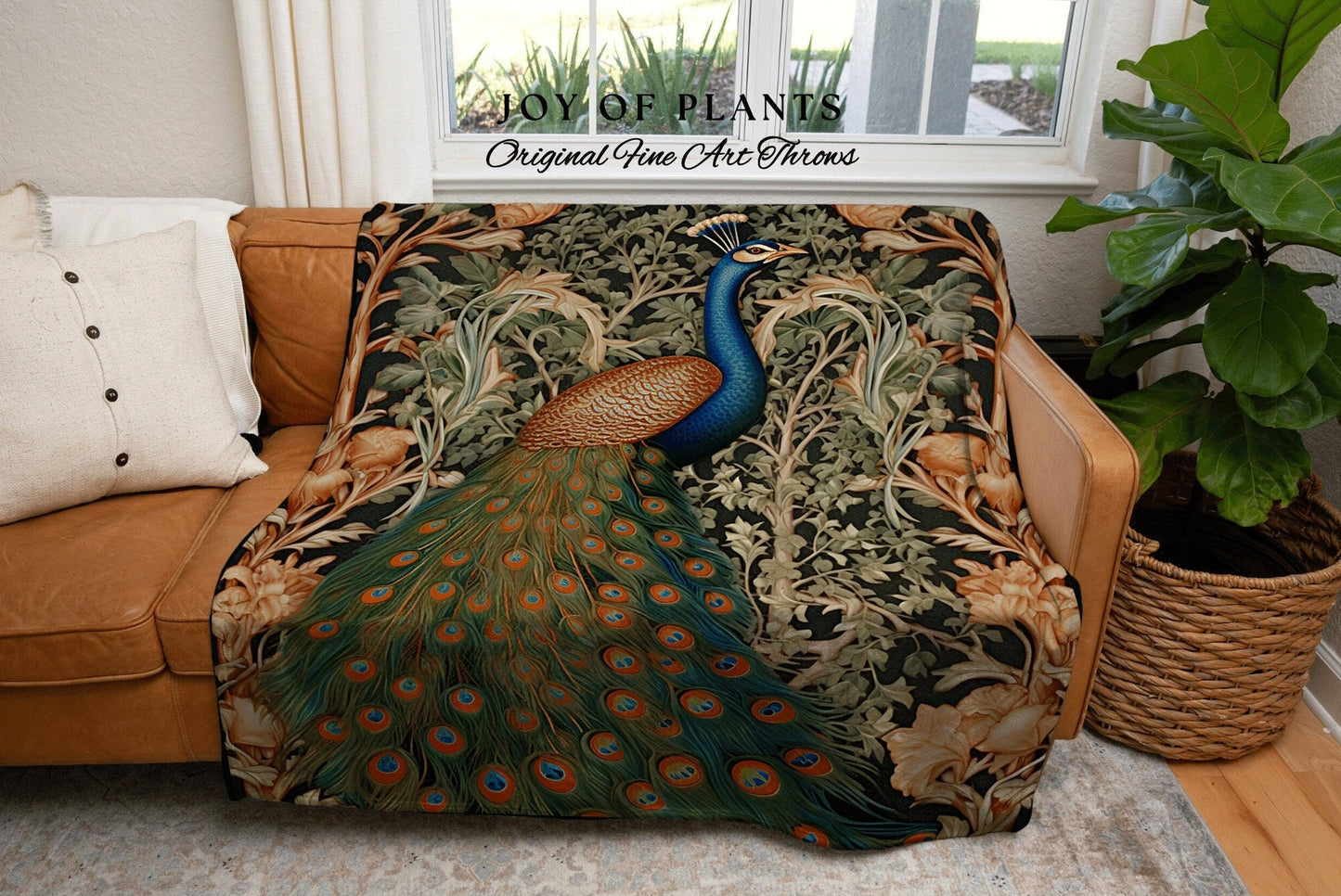 Woven Peacock Throw Blanket | William Morris inspired Throw Blanket Vintage Cottagecore Woodland Gothic Decor Woven Throw Peacock Tapestry |