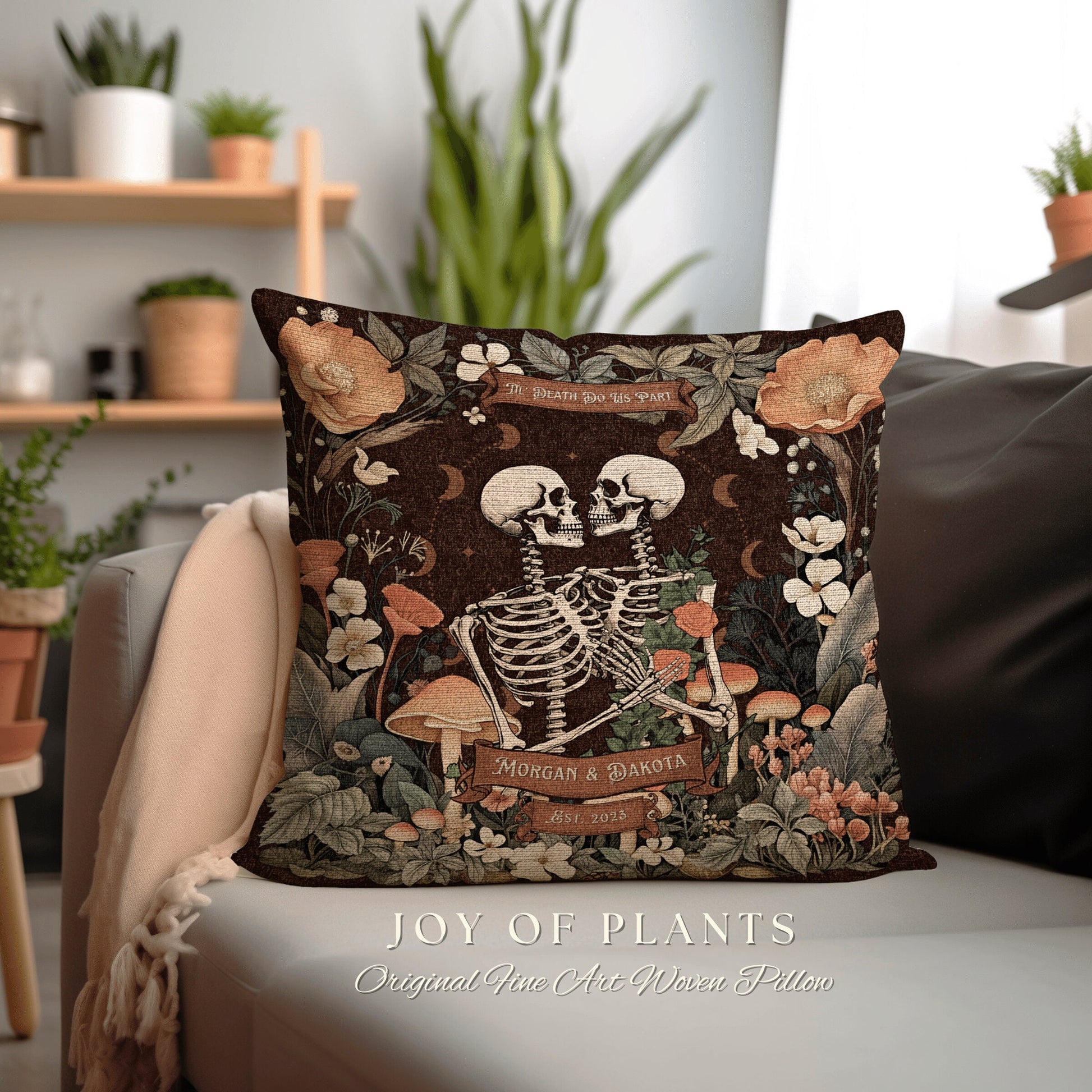 Skeleton Couple Woven Pillow | Dark Academia Decor Custom Anniversary Meaningful Custom Gift for Couple Housewarming Gift Unique Couple Gift