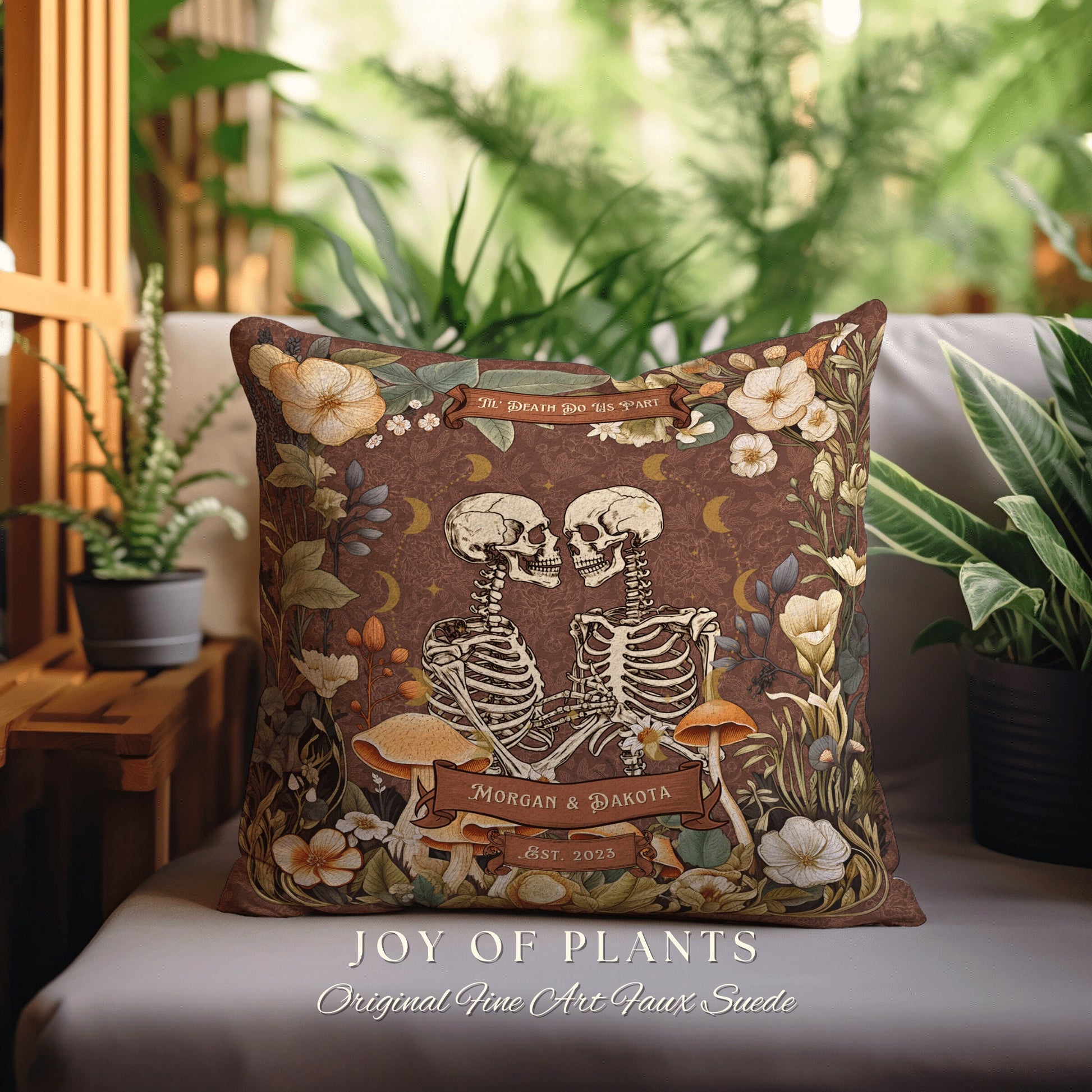 Personalized Skeleton Couple Pillow | Dark Academia Decor Custom Skeleton Couple Gift Meaningful Mr & Mrs Gift for Goths Unique Couples Gift