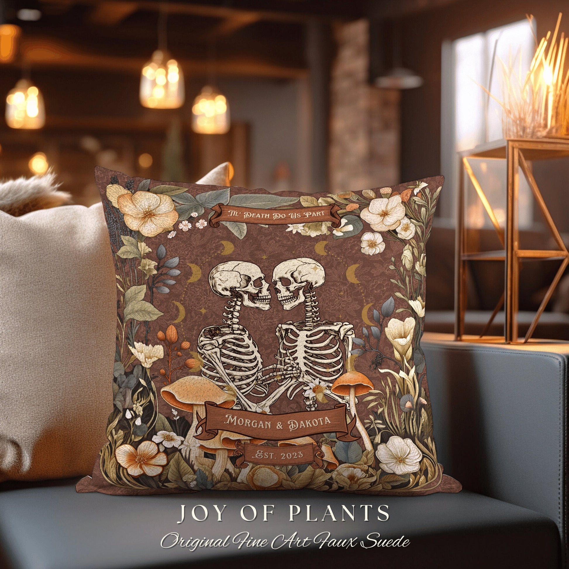 Personalized Skeleton Couple Pillow | Dark Academia Decor Custom Skeleton Couple Gift Meaningful Mr & Mrs Gift for Goths Unique Couples Gift