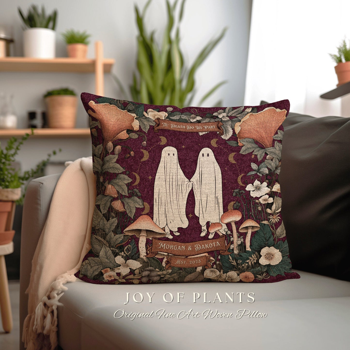 Ghost Couple Custom Woven Pillow | Woodland Gothic Decor Custom Ghost Couple Gift Meaningful Mr & Mrs Gift for Goths Unique Couples Gift |