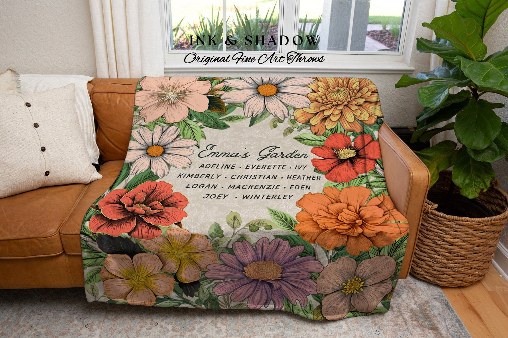 Family Garden Birth Month Flower Blanket | Gift from Grandkids Custom Family Name Blanket Personalized Birth Month Flower Throw Blanket Gift