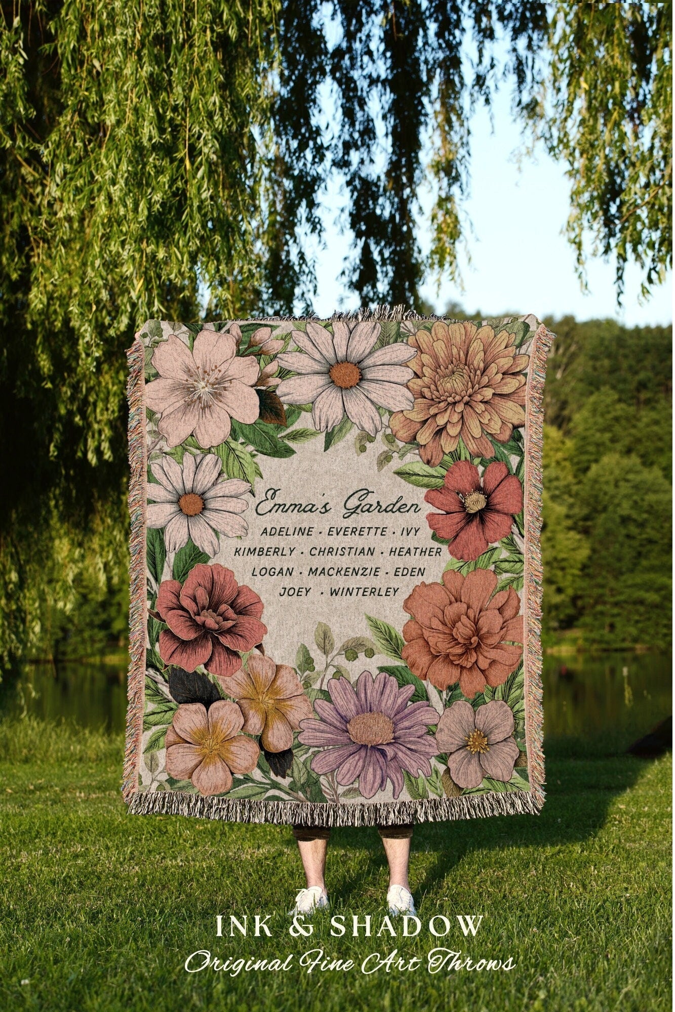 Family Garden Birth Month Flower Blanket | Gift from Grandkids Custom Family Name Blanket Personalized Birth Month Flower Throw Blanket Gift