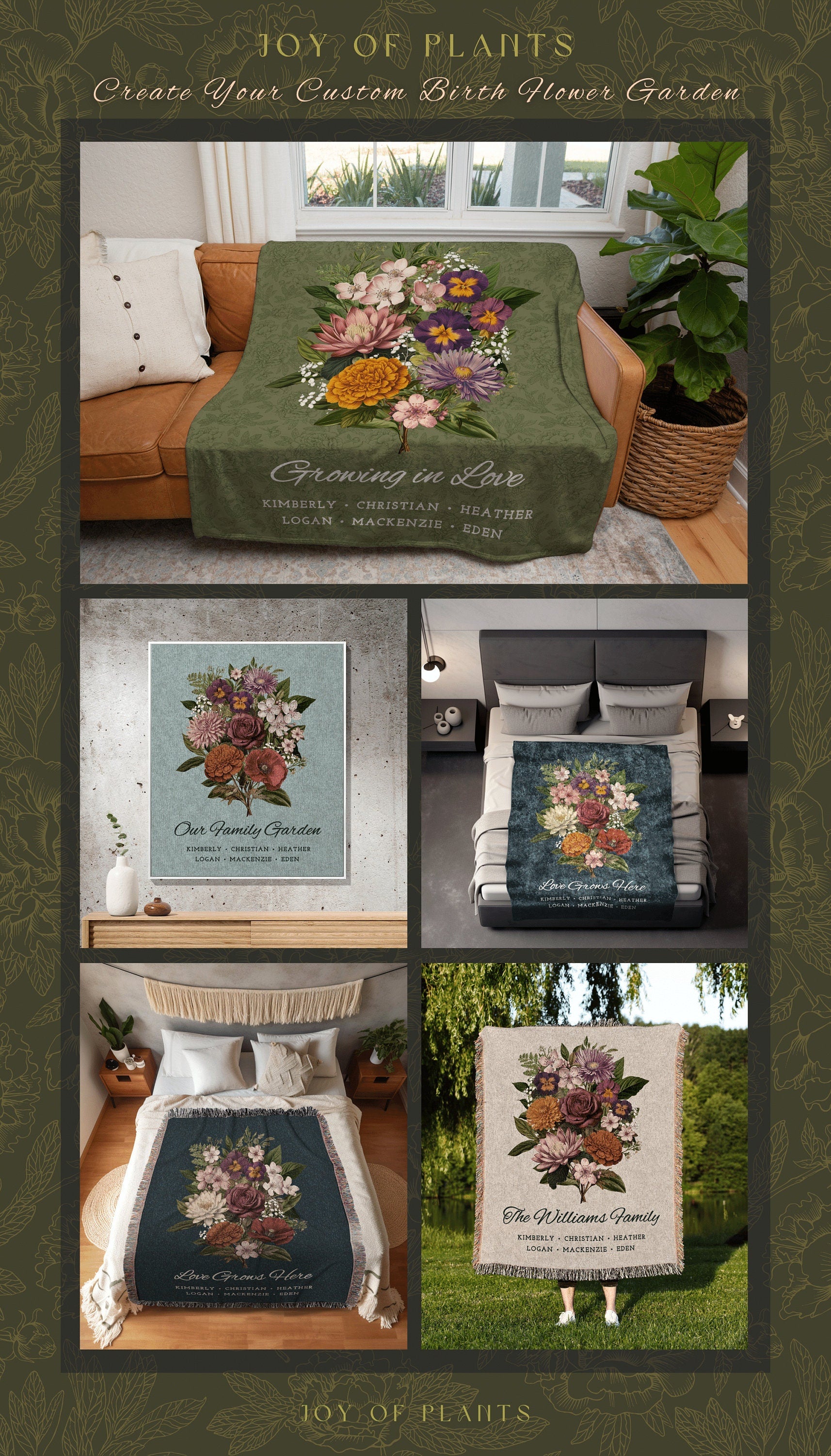 Custom Birth Flower Family Bouquet Personalized Blanket Gift for Mom Grandma Garden Floral Family Portrait Vintage Birth Month Art Tapestry