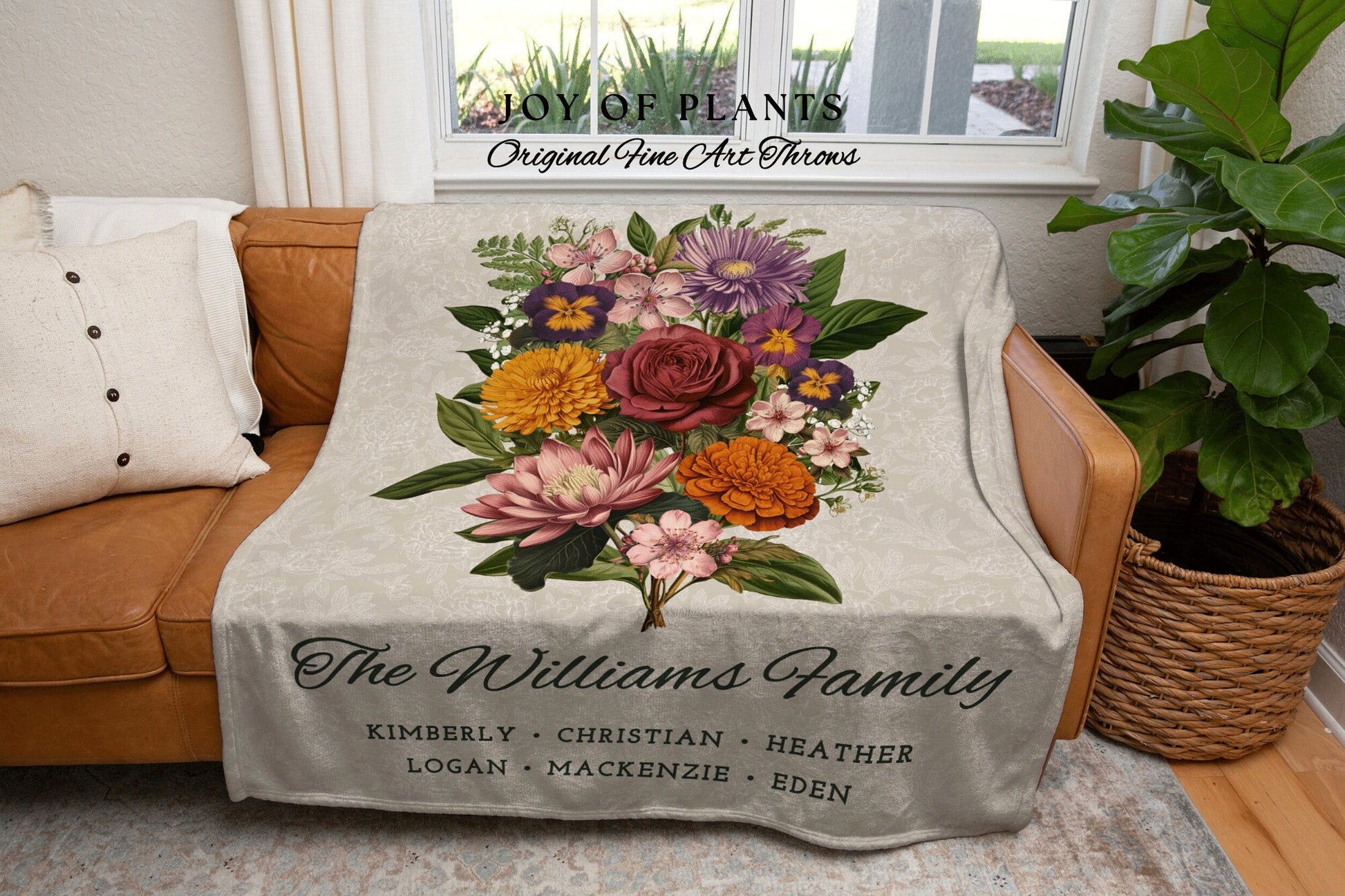 Custom Birth Flower Family Bouquet Personalized Blanket Gift for Mom Grandma Garden Floral Family Portrait Vintage Birth Month Art Tapestry