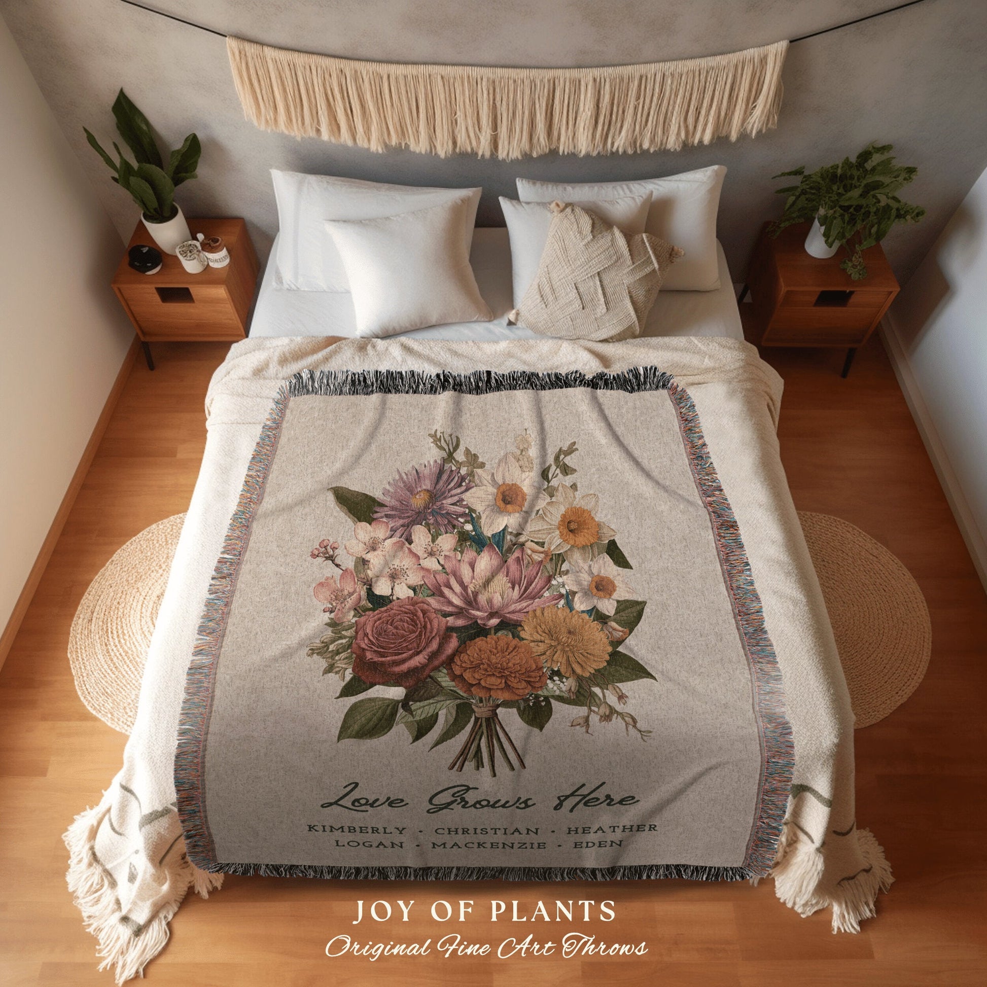 Custom Family Birth Month Flower Bouquet Woven Throw Blanket | Birth Month Flower Custom Woven Blanket | Personalized Birth Flower Blanket |