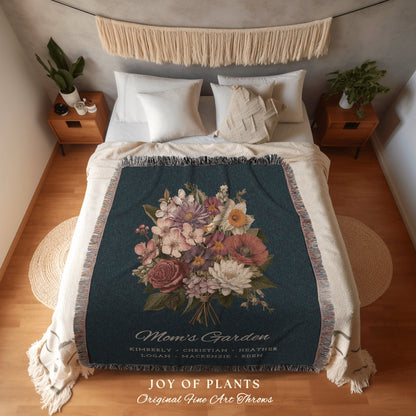 Grandmas Garden Art Custom Woven Throw Blanket | Personalized Birth Flower Blanket | Birth Flower Bouquet Nanas Garden Custom Throw Blanket