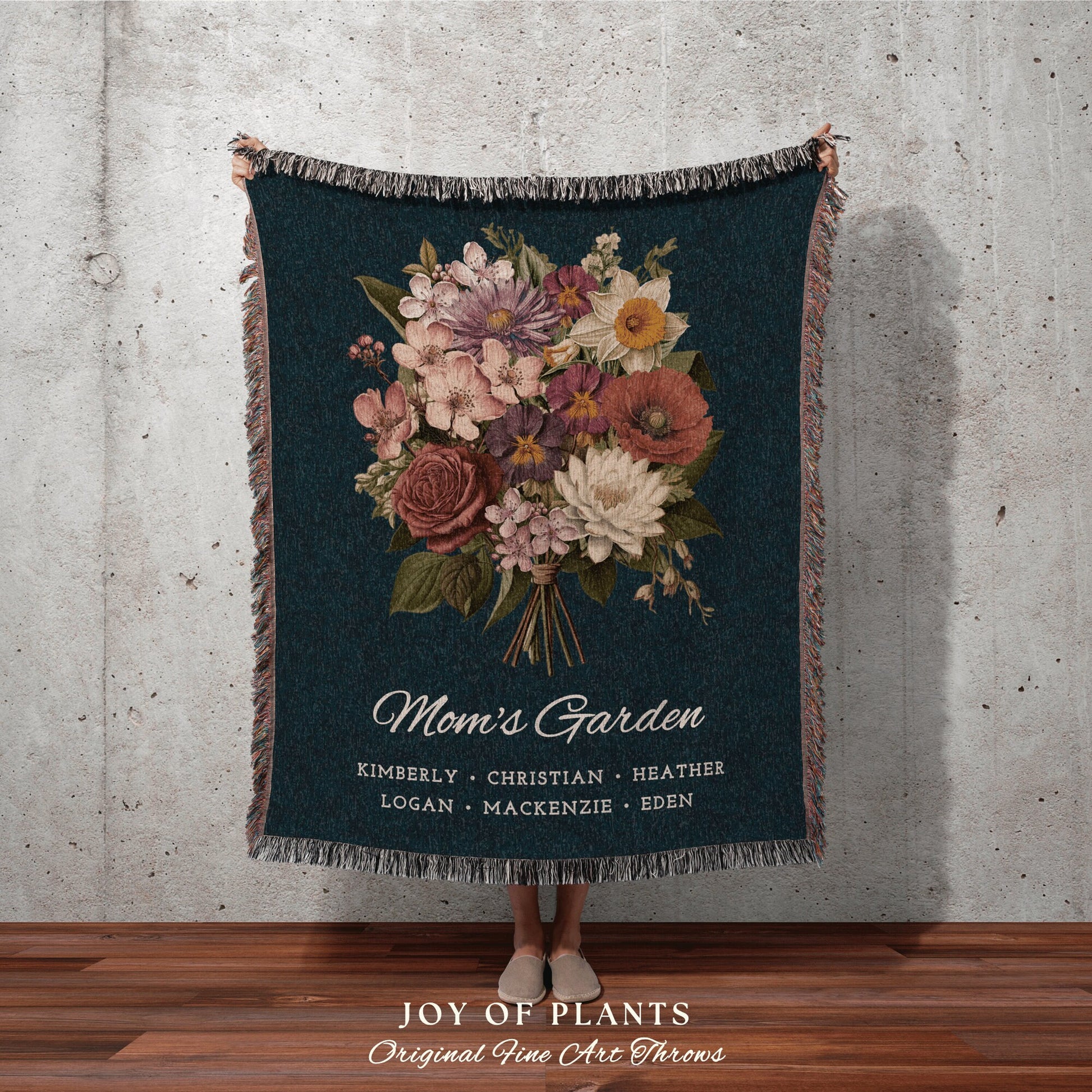 Grandmas Garden Art Custom Woven Throw Blanket | Personalized Birth Flower Blanket | Birth Flower Bouquet Nanas Garden Custom Throw Blanket