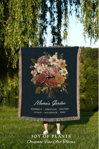 Nana's Garden Birth Flower Bouquet Custom Blanket Grandma's Garden Family Names Gift Mimi Blanket Grandkids Names Personalized Woven Throw