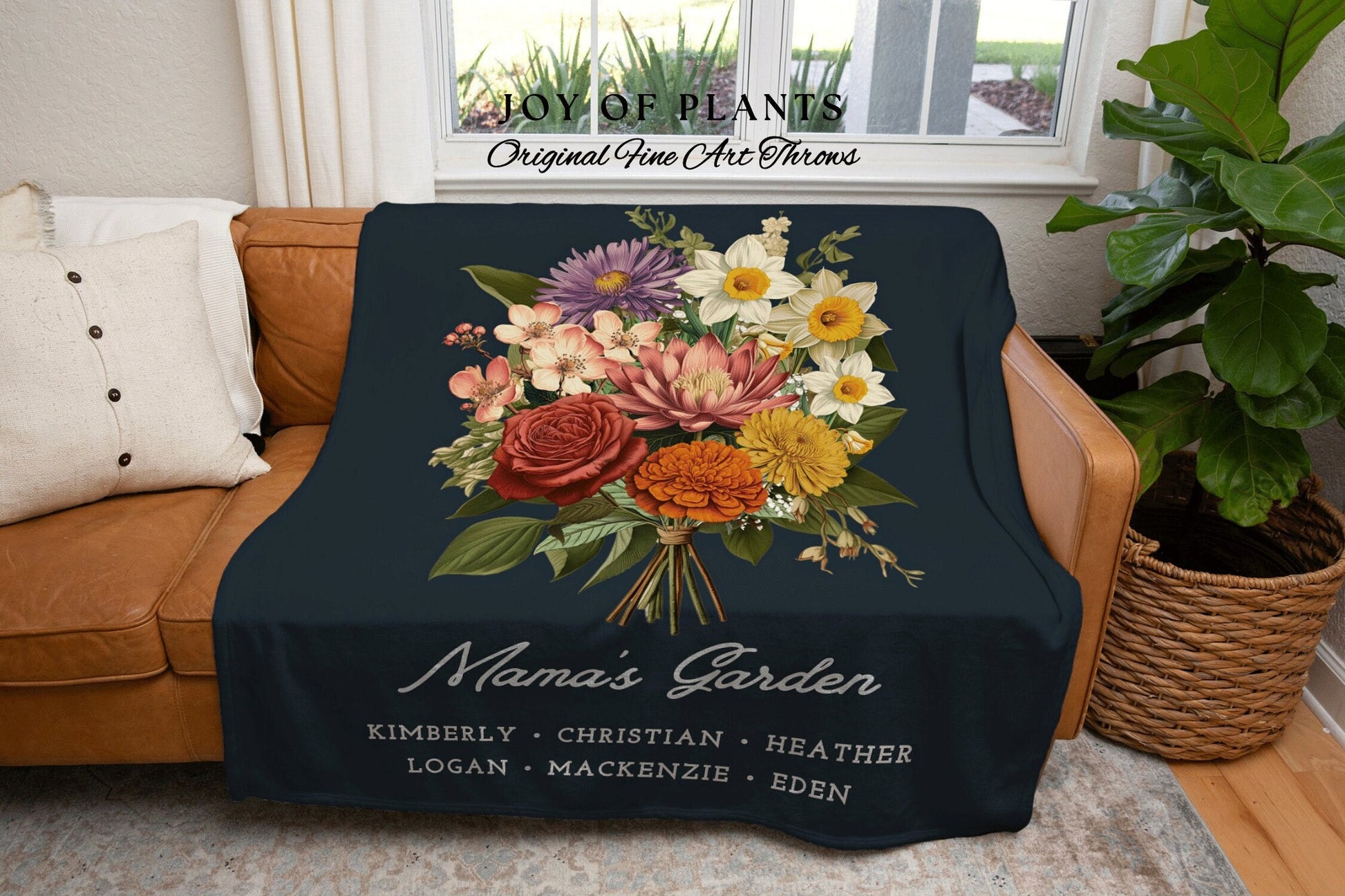 Nana's Garden Birth Flower Bouquet Custom Blanket Grandma's Garden Family Names Gift Mimi Blanket Grandkids Names Personalized Woven Throw