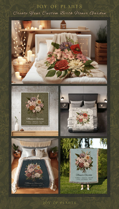 Vintage Birth Flower Bouquet Custom Family Blanket Personalized Birth Month Flower Bouquet Family Name Blanket Mom Keepsake Gift from Family