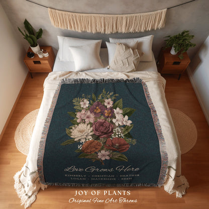 Family Flower Art Throw Blanket Custom Name Throw Growing in Love Personalized Grandma Garden Blanket Gift from Kids Mom Garden Blanket Gift