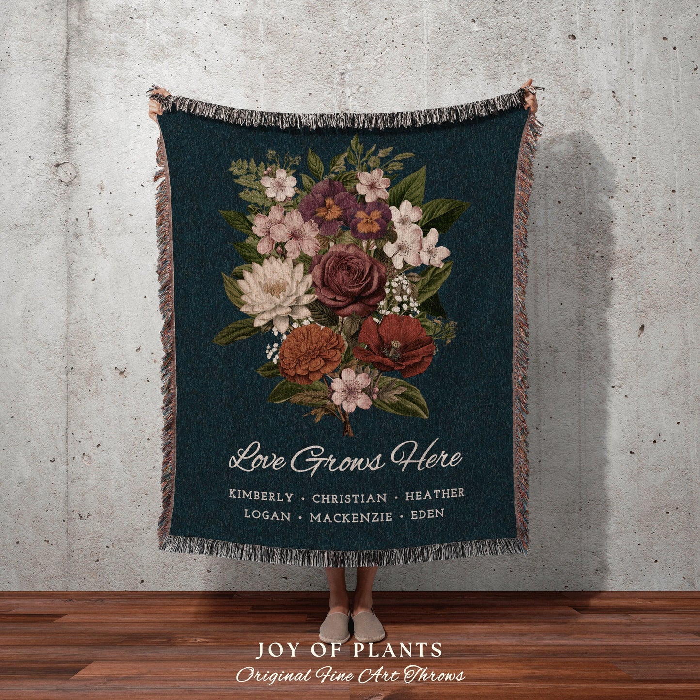 Family Flower Art Throw Blanket Custom Name Throw Growing in Love Personalized Grandma Garden Blanket Gift from Kids Mom Garden Blanket Gift