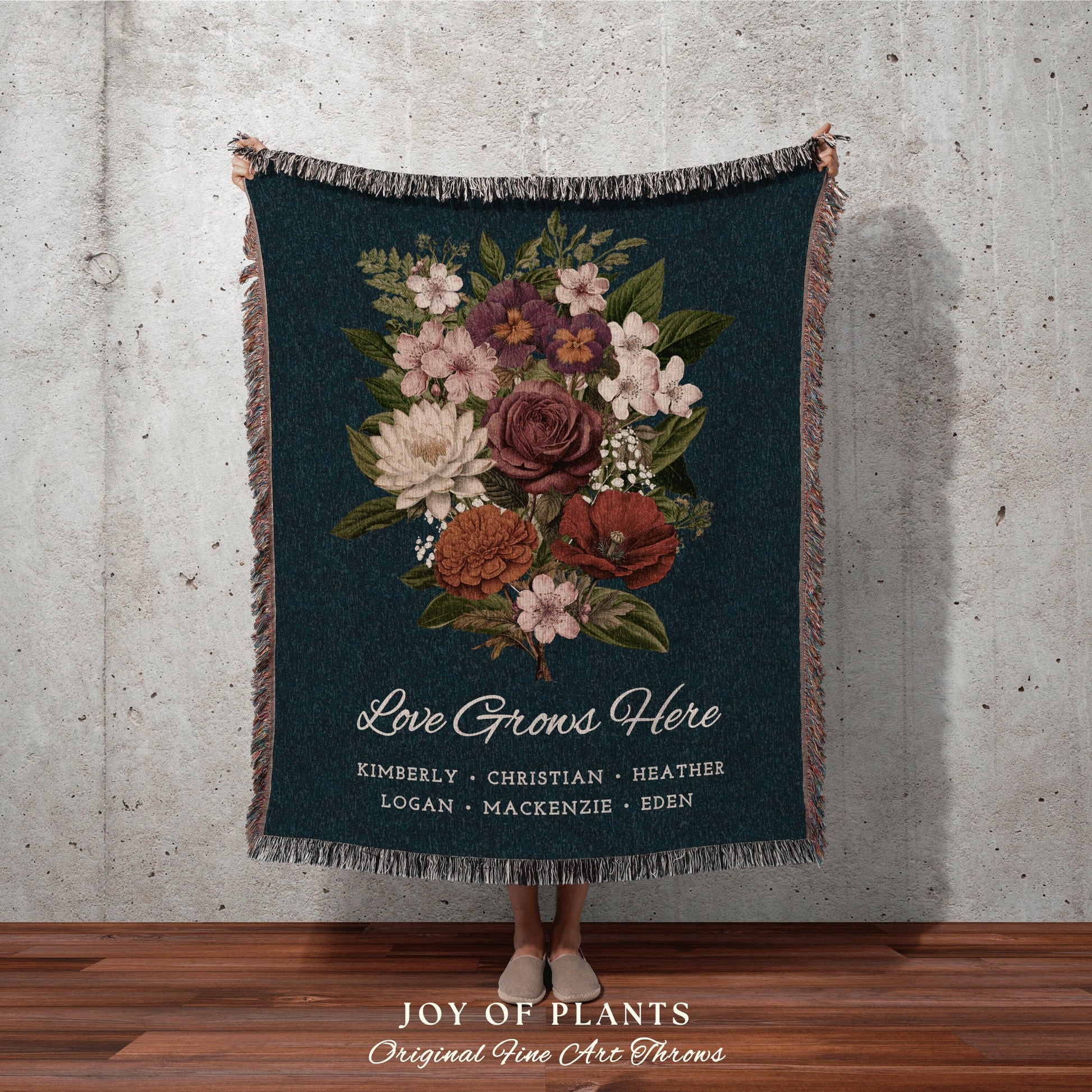 Family Flower Art Throw Blanket Custom Name Throw Growing in Love Personalized Grandma Garden Blanket Gift from Kids Mom Garden Blanket Gift