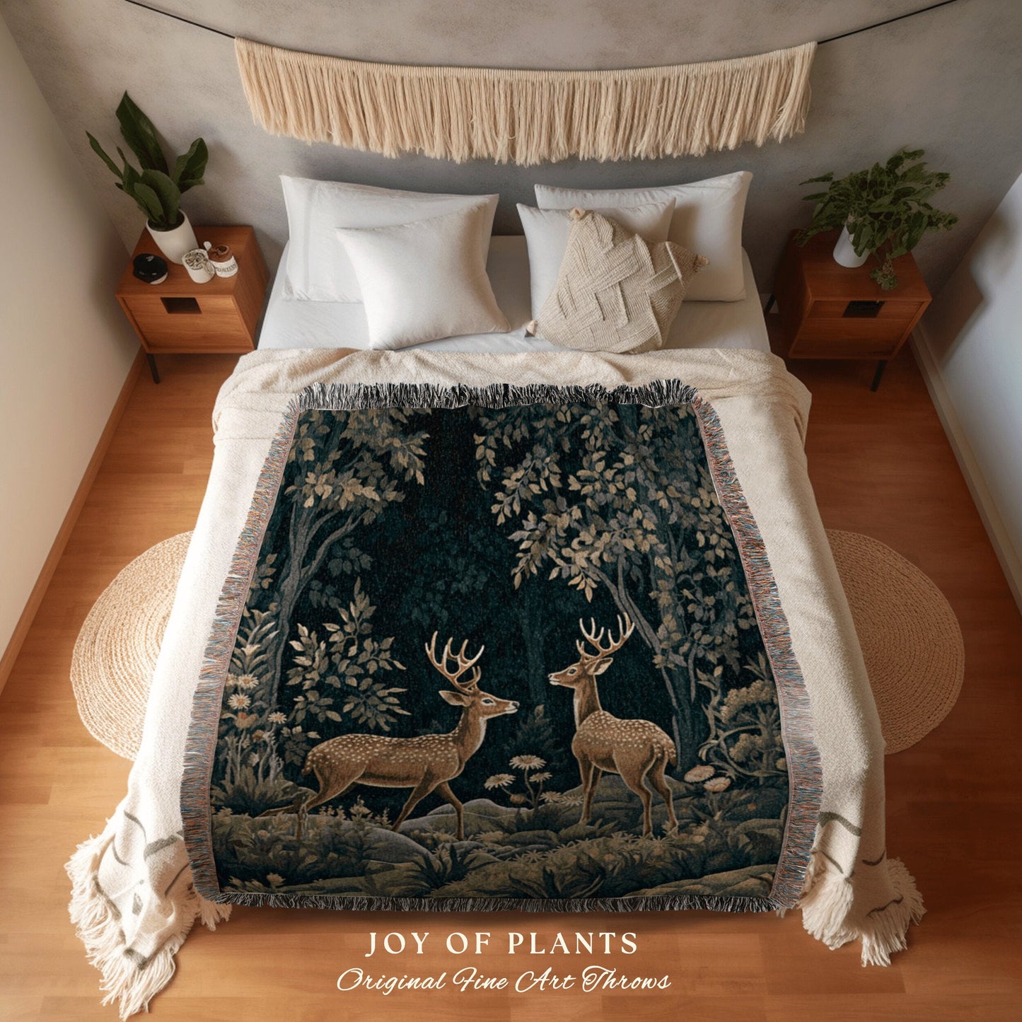 Forestcore Decorative Throw | William Morris inspired Throw Blanket Vintage Cottagecore Woodland Aesthetic Decor Woven Throw Deer Tapestry |