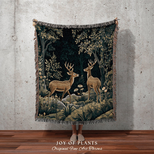 Forestcore Decorative Throw | William Morris inspired Throw Blanket Vintage Cottagecore Woodland Aesthetic Decor Woven Throw Deer Tapestry |