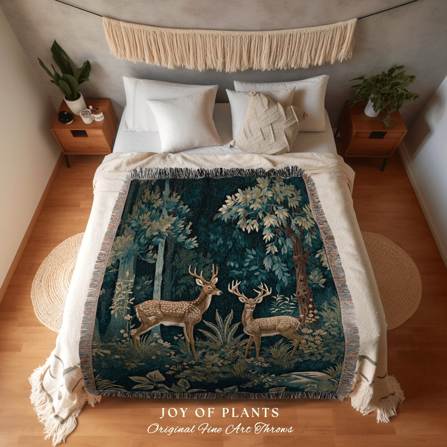 Nature Blanket Vintage Throw | William Morris inspired Throw Blanket Vintage Forestcore Woodland Aesthetic Decor Woven Throw Deer Botanical