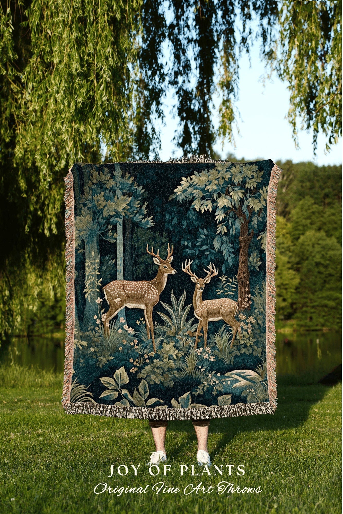 Nature Blanket Vintage Throw | William Morris inspired Throw Blanket Vintage Forestcore Woodland Aesthetic Decor Woven Throw Deer Botanical