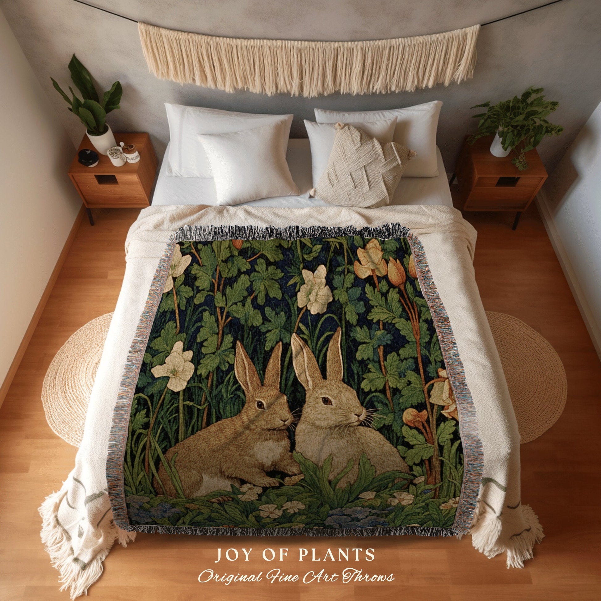 Woodland Rabbit Woven Throw | William Morris Inspired Throw Blanket Vintage Cottagecore Woodland Aesthetic Decor Woven Throw Rabbit Tapestry