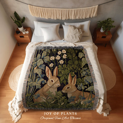 Woven Rabbit Woodland Throw | William Morris inspired Throw Blanket Vintage Cottagecore Woodland Aesthetic Decor Woven Throw Rabbit Tapestry