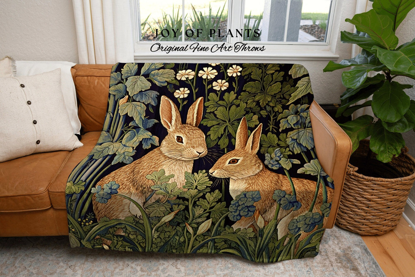 Woven Rabbit Woodland Throw | William Morris inspired Throw Blanket Vintage Cottagecore Woodland Aesthetic Decor Woven Throw Rabbit Tapestry