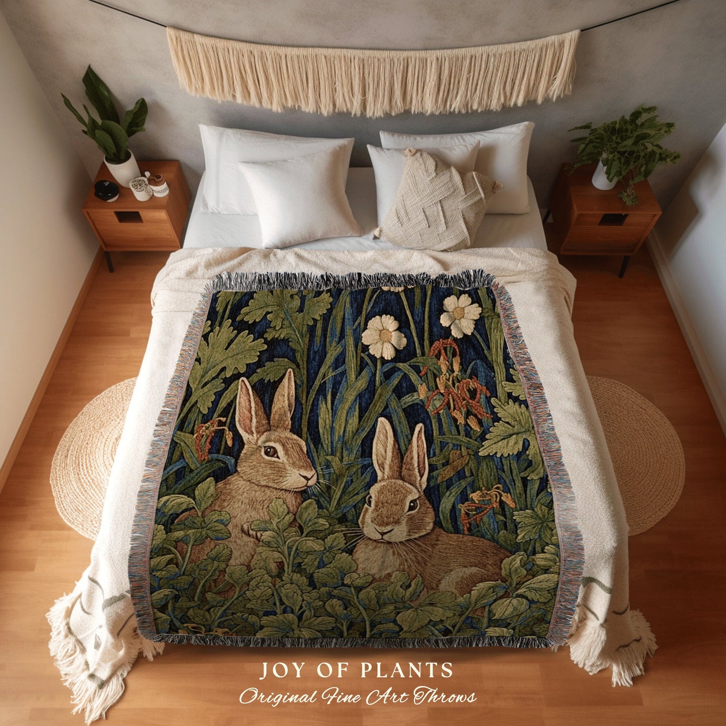 Floral Rabbit Throw Blanket | William Morris inspired Throw Blanket Vintage Cottagecore Woodland Aesthetic Decor Woven Throw Rabbit Tapestry