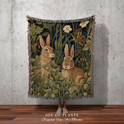 Floral Rabbit Throw Blanket | William Morris inspired Throw Blanket Vintage Cottagecore Woodland Aesthetic Decor Woven Throw Rabbit Tapestry